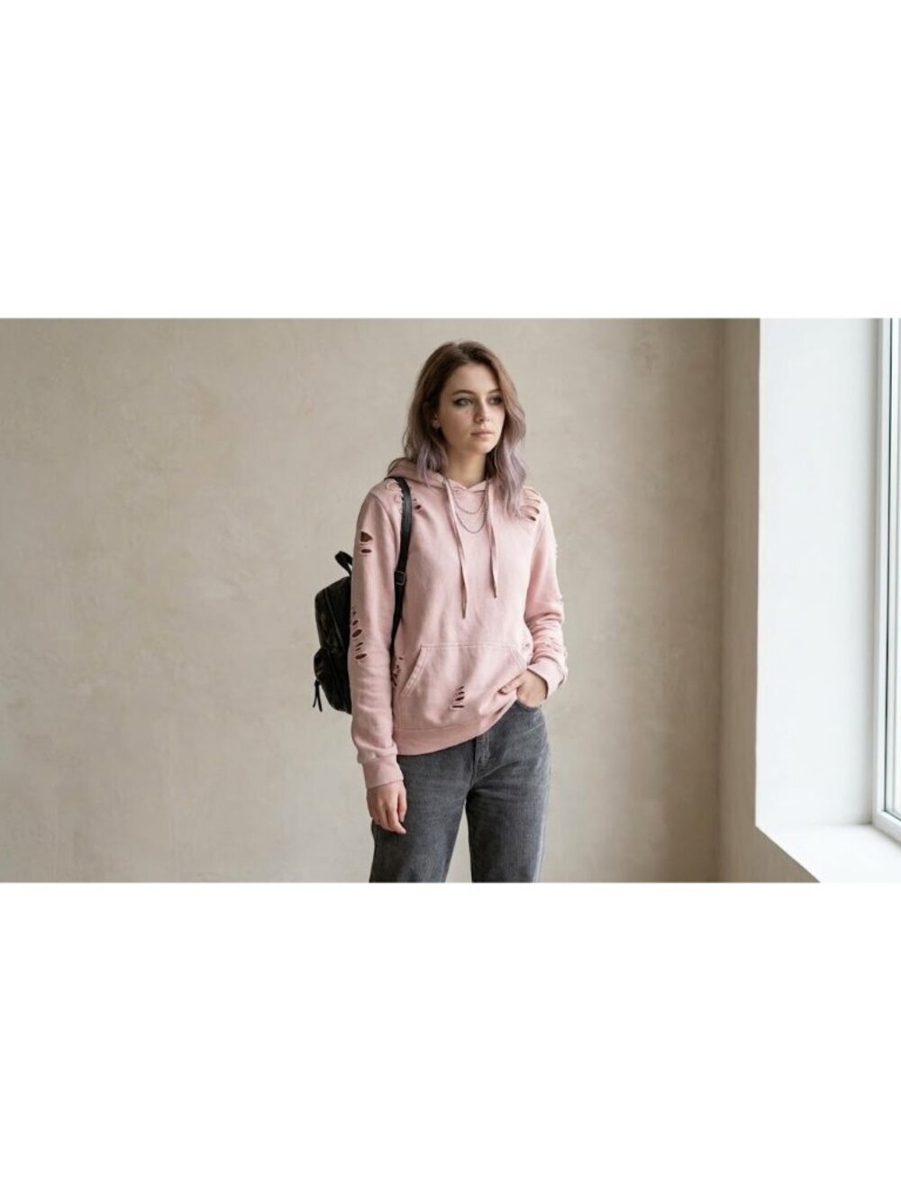 TRY ME Italy Pink Distressed Ripped Hoodie Womens L Sweatshirt Oversized Unisex